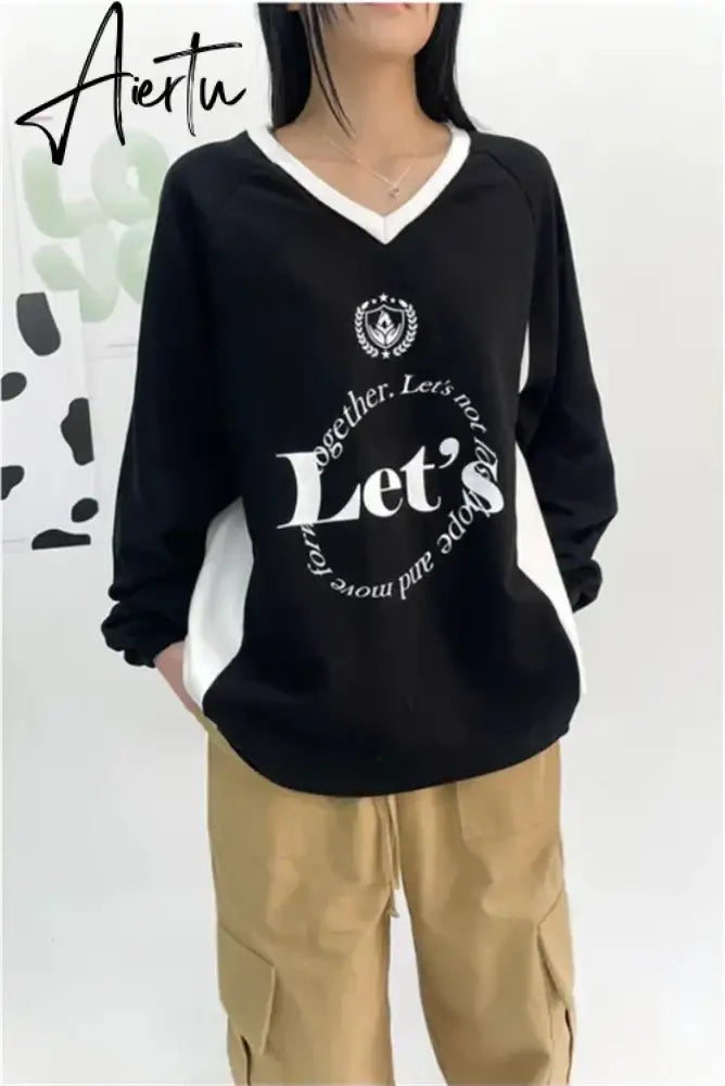 Aiertu Streetwear New Letter Print Hoodies Women Vintage Harajuku Sweatshirt Loose Tops Y2k Aesthetic Patchwork All Match Fashion Hoody Aiertu