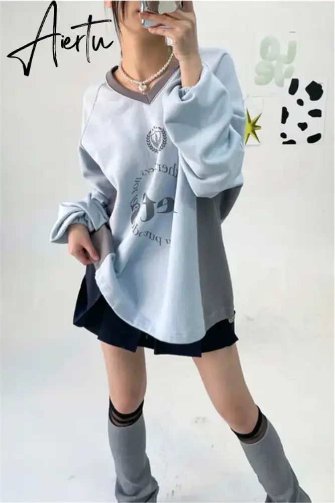 Aiertu Streetwear New Letter Print Hoodies Women Vintage Harajuku Sweatshirt Loose Tops Y2k Aesthetic Patchwork All Match Fashion Hoody Aiertu