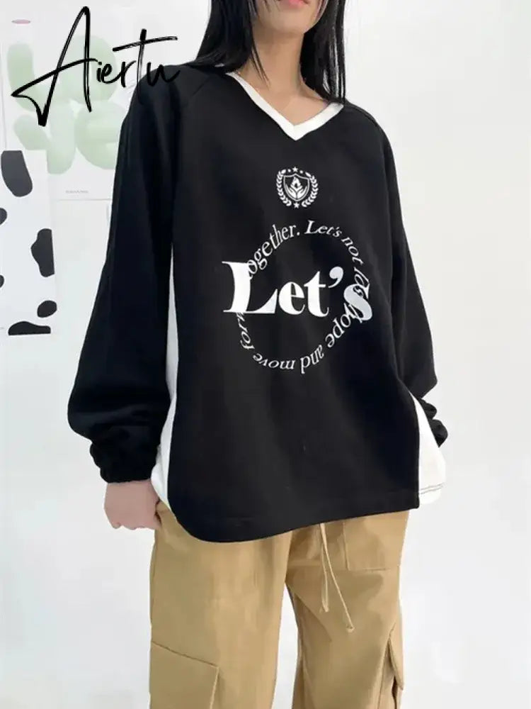 Aiertu Streetwear New Letter Print Hoodies Women Vintage Harajuku Sweatshirt Loose Tops Y2k Aesthetic Patchwork All Match Fashion Hoody Aiertu