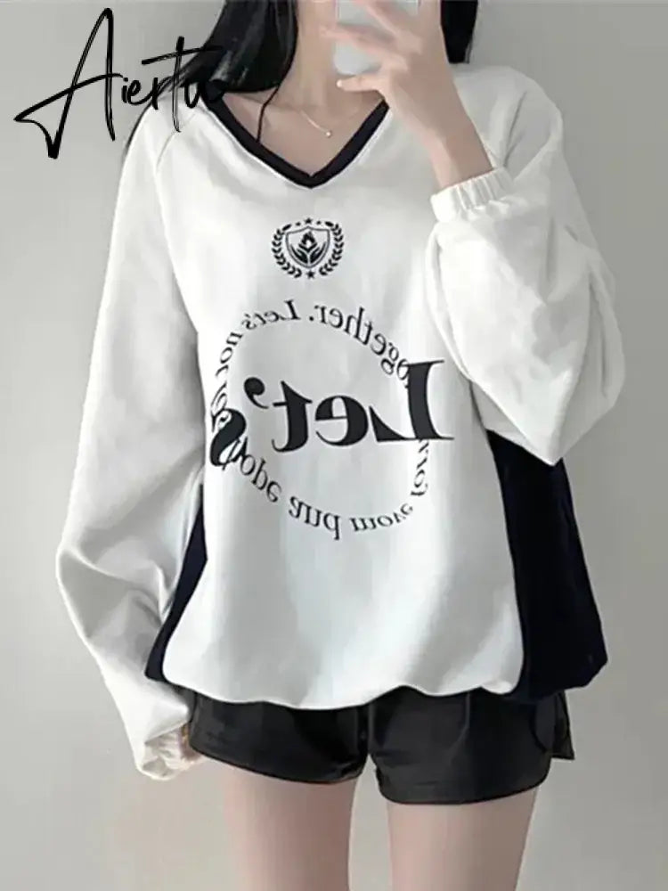 Aiertu Streetwear New Letter Print Hoodies Women Vintage Harajuku Sweatshirt Loose Tops Y2k Aesthetic Patchwork All Match Fashion Hoody Aiertu