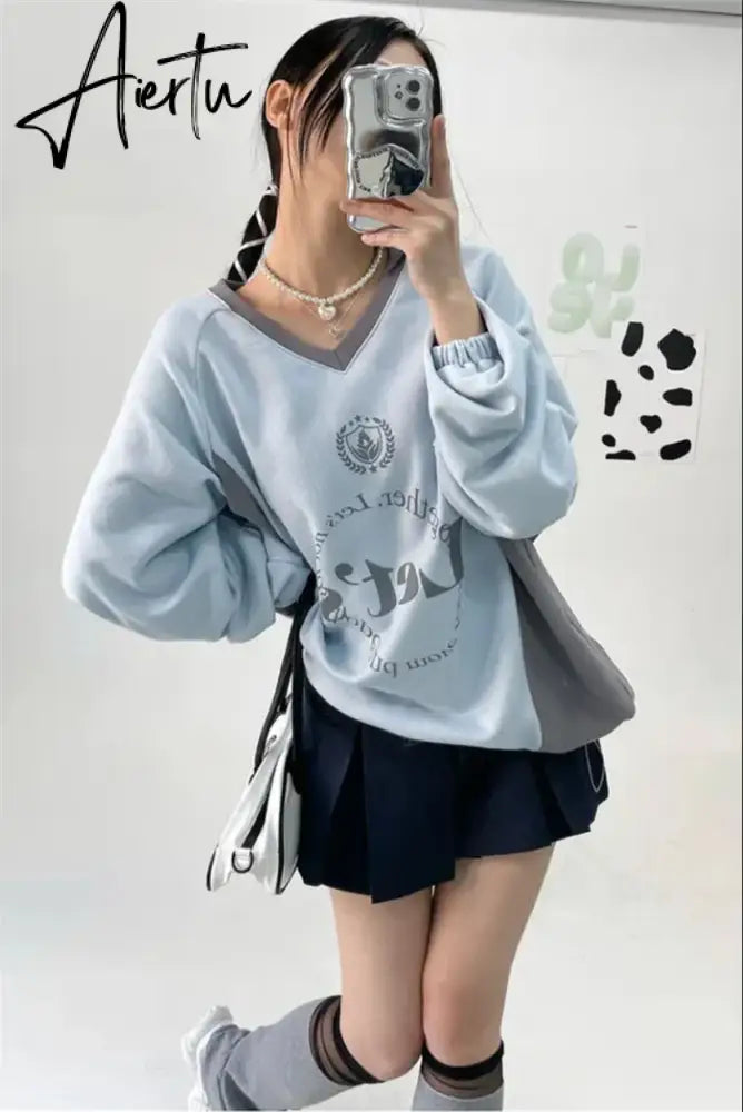 Aiertu Streetwear New Letter Print Hoodies Women Vintage Harajuku Sweatshirt Loose Tops Y2k Aesthetic Patchwork All Match Fashion Hoody Aiertu