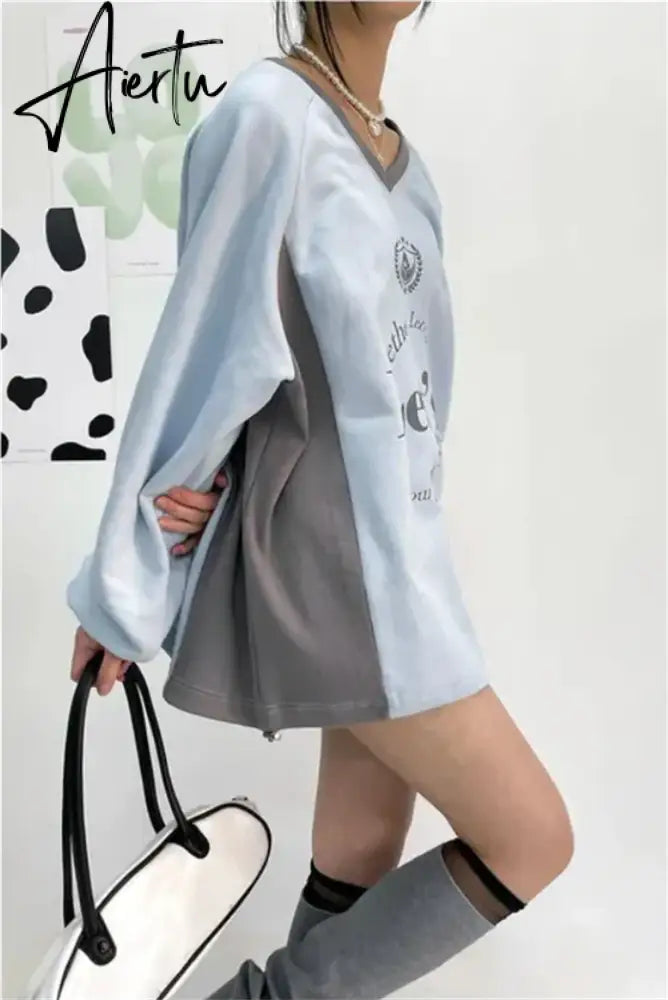 Aiertu Streetwear New Letter Print Hoodies Women Vintage Harajuku Sweatshirt Loose Tops Y2k Aesthetic Patchwork All Match Fashion Hoody Aiertu