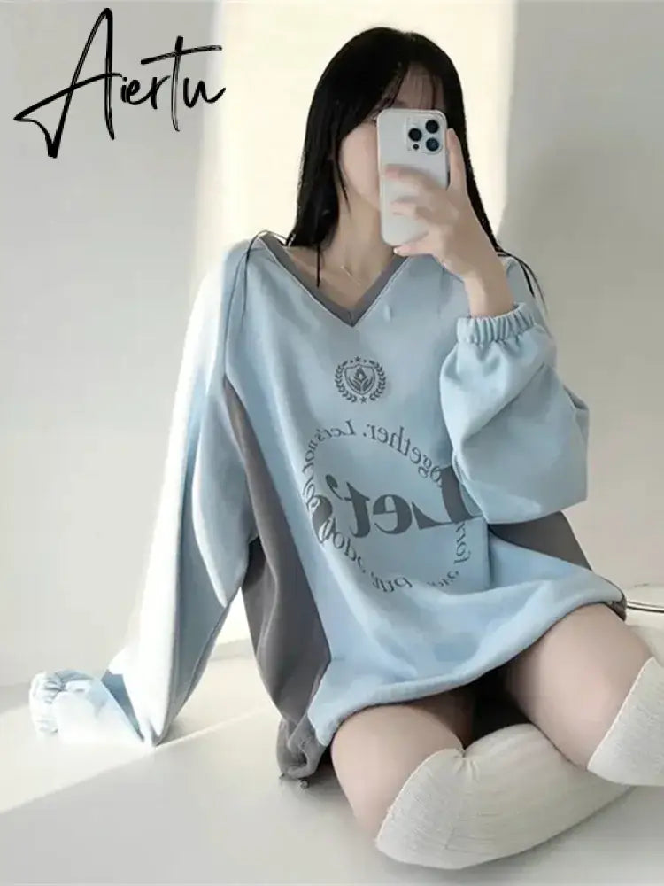 Aiertu Streetwear New Letter Print Hoodies Women Vintage Harajuku Sweatshirt Loose Tops Y2k Aesthetic Patchwork All Match Fashion Hoody Aiertu