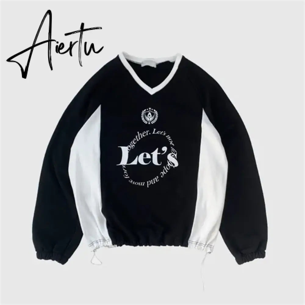 Aiertu Streetwear New Letter Print Hoodies Women Vintage Harajuku Sweatshirt Loose Tops Y2k Aesthetic Patchwork All Match Fashion Hoody Aiertu