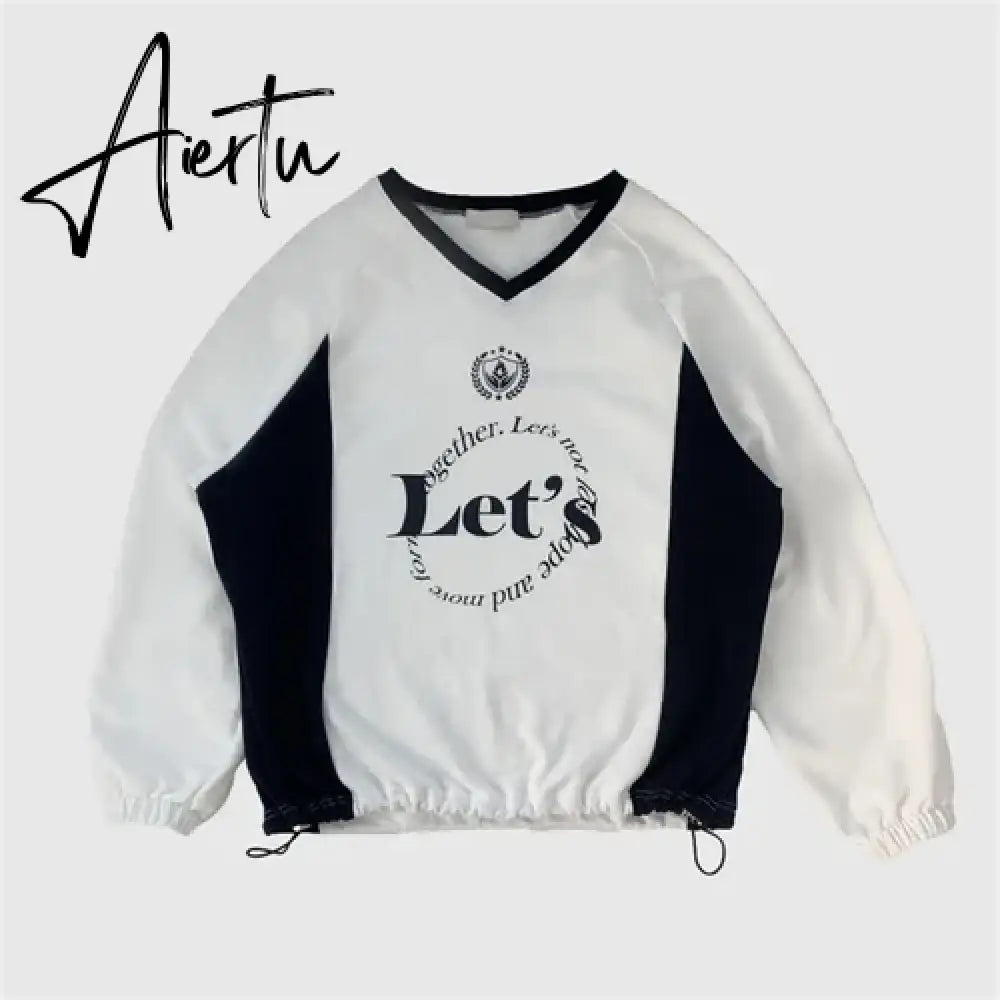 Aiertu Streetwear New Letter Print Hoodies Women Vintage Harajuku Sweatshirt Loose Tops Y2k Aesthetic Patchwork All Match Fashion Hoody Aiertu