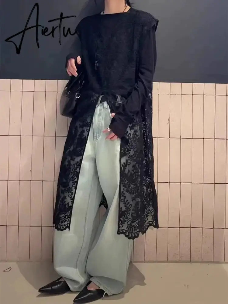 Aiertu Streetwear Summer Sleeveless Sexy Women Dresses Y2k Aesthetic Embroidery Flower Dress Fairy Harajuku Lace Split Grunge Vestidos Aiertu
