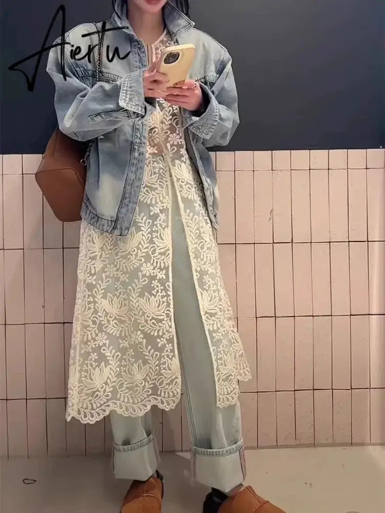 Aiertu Streetwear Summer Sleeveless Sexy Women Dresses Y2k Aesthetic Embroidery Flower Dress Fairy Harajuku Lace Split Grunge Vestidos Aiertu