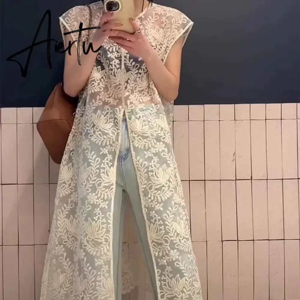 Aiertu Streetwear Summer Sleeveless Sexy Women Dresses Y2k Aesthetic Embroidery Flower Dress Fairy Harajuku Lace Split Grunge Vestidos Aiertu