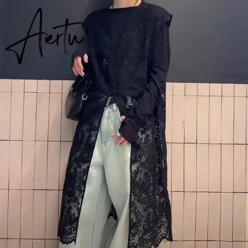 Aiertu Streetwear Summer Sleeveless Sexy Women Dresses Y2k Aesthetic Embroidery Flower Dress Fairy Harajuku Lace Split Grunge Vestidos Aiertu