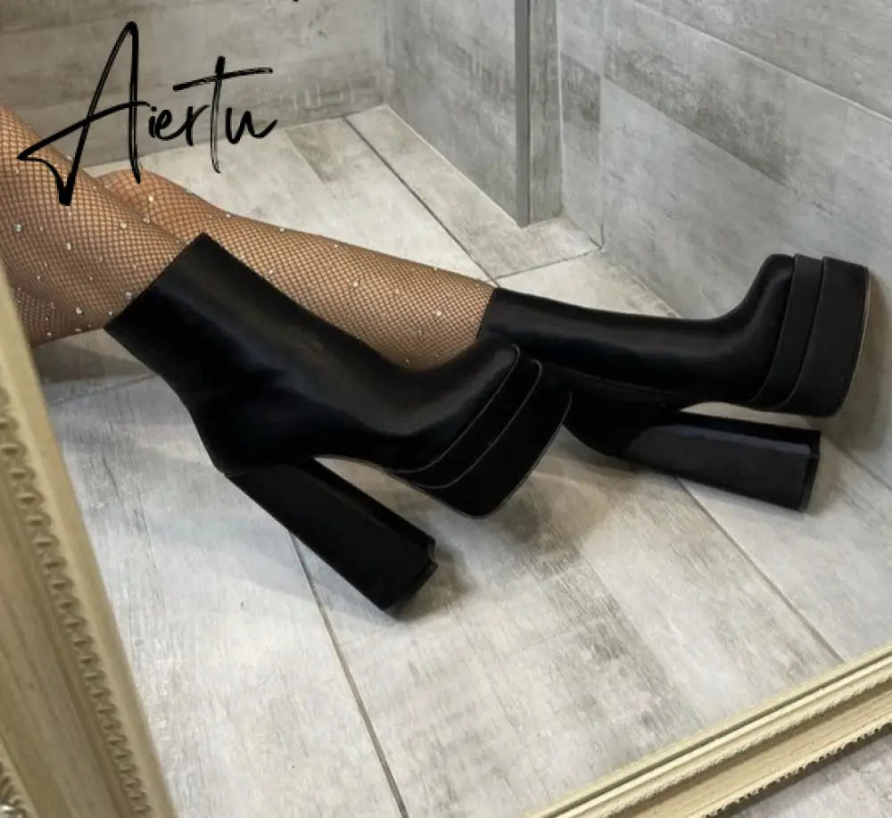 Aiertu Stretch Platform Over The Knee Boots Chunky High Heel Long Botas Mujer Women Shoes Square Toe Microfiber Dancing Boots New Aiertu