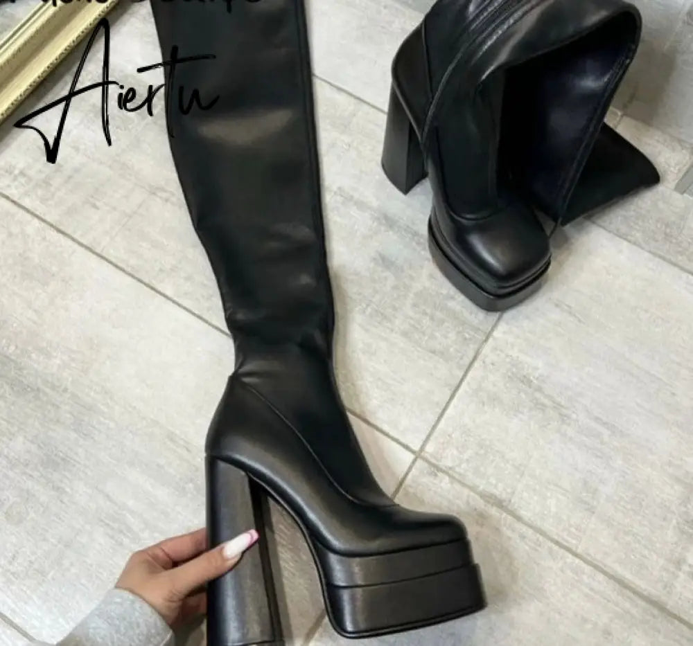 Aiertu Stretch Platform Over The Knee Boots Chunky High Heel Long Botas Mujer Women Shoes Square Toe Microfiber Dancing Boots New Aiertu