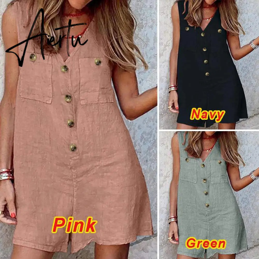 Aiertu  Stylish Women V Neck Sleeveless Rompers Summer Jumpsuits Short Playsuits Casual Solid Loose Beach Overalls Oversized Aiertu
