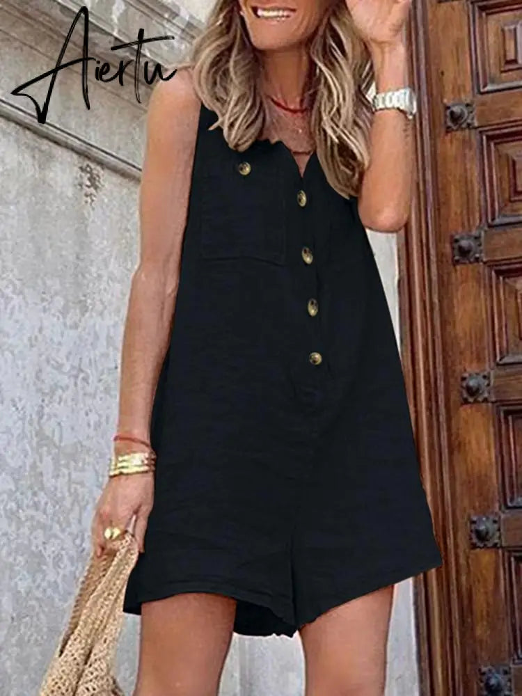 Aiertu  Stylish Women V Neck Sleeveless Rompers Summer Jumpsuits Short Playsuits Casual Solid Loose Beach Overalls Oversized Aiertu
