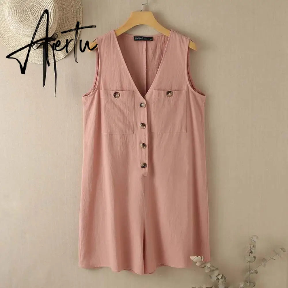 Aiertu  Stylish Women V Neck Sleeveless Rompers Summer Jumpsuits Short Playsuits Casual Solid Loose Beach Overalls Oversized Aiertu