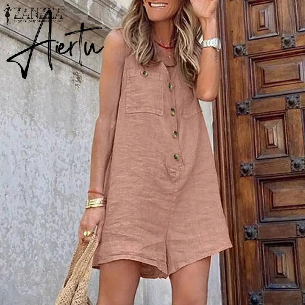 Aiertu  Stylish Women V Neck Sleeveless Rompers Summer Jumpsuits Short Playsuits Casual Solid Loose Beach Overalls Oversized Aiertu