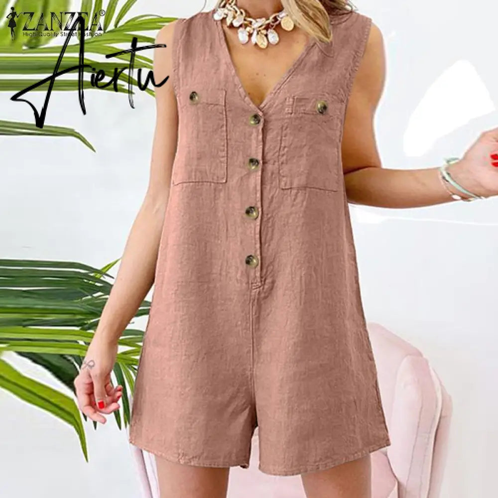 Aiertu  Stylish Women V Neck Sleeveless Rompers Summer Jumpsuits Short Playsuits Casual Solid Loose Beach Overalls Oversized Aiertu