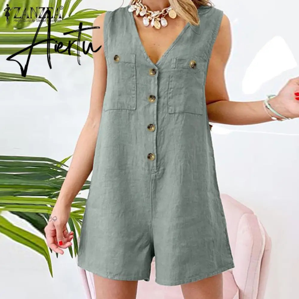 Aiertu  Stylish Women V Neck Sleeveless Rompers Summer Jumpsuits Short Playsuits Casual Solid Loose Beach Overalls Oversized Aiertu