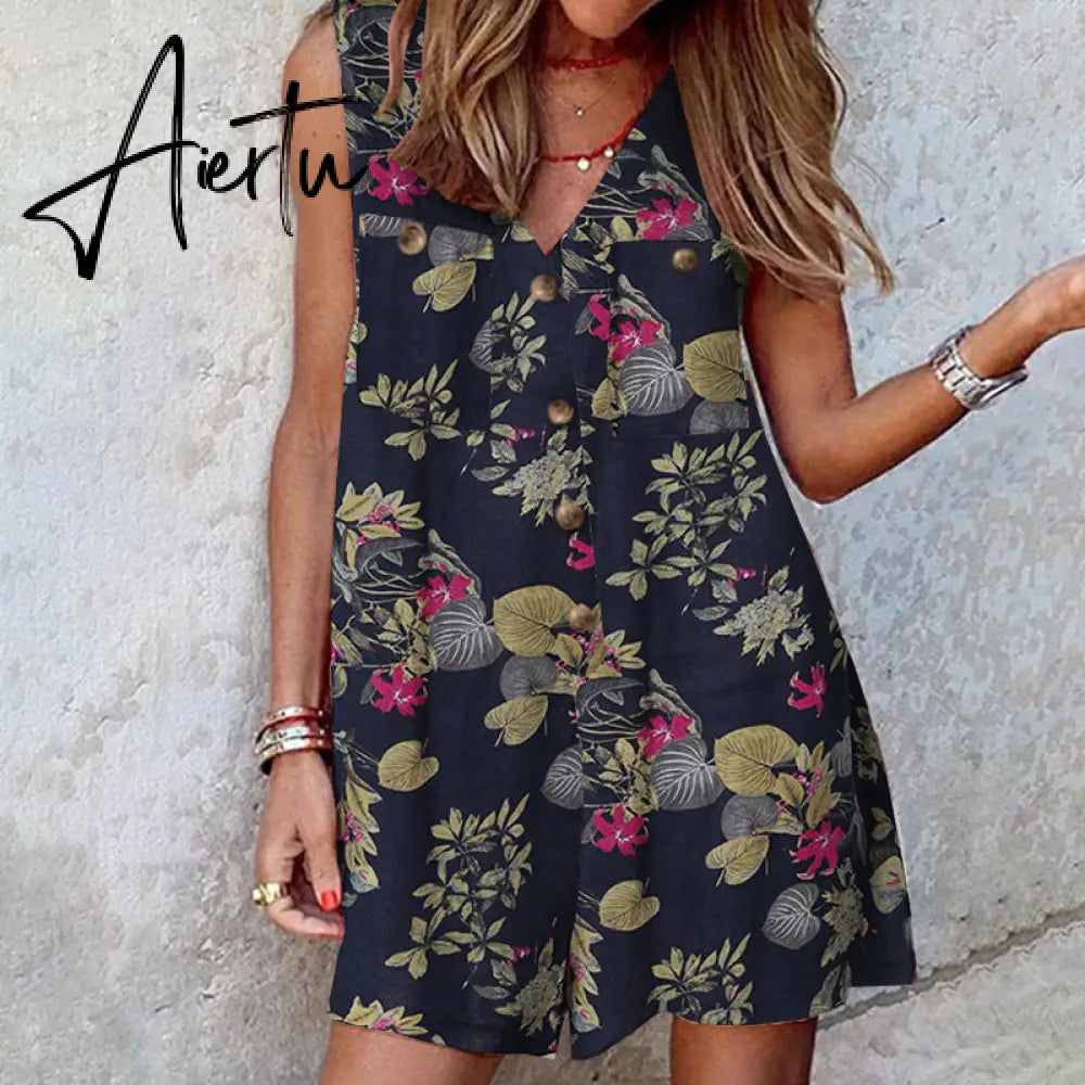 Aiertu  Stylish Women V Neck Sleeveless Rompers Summer Jumpsuits Short Playsuits Casual Solid Loose Beach Overalls Oversized Aiertu