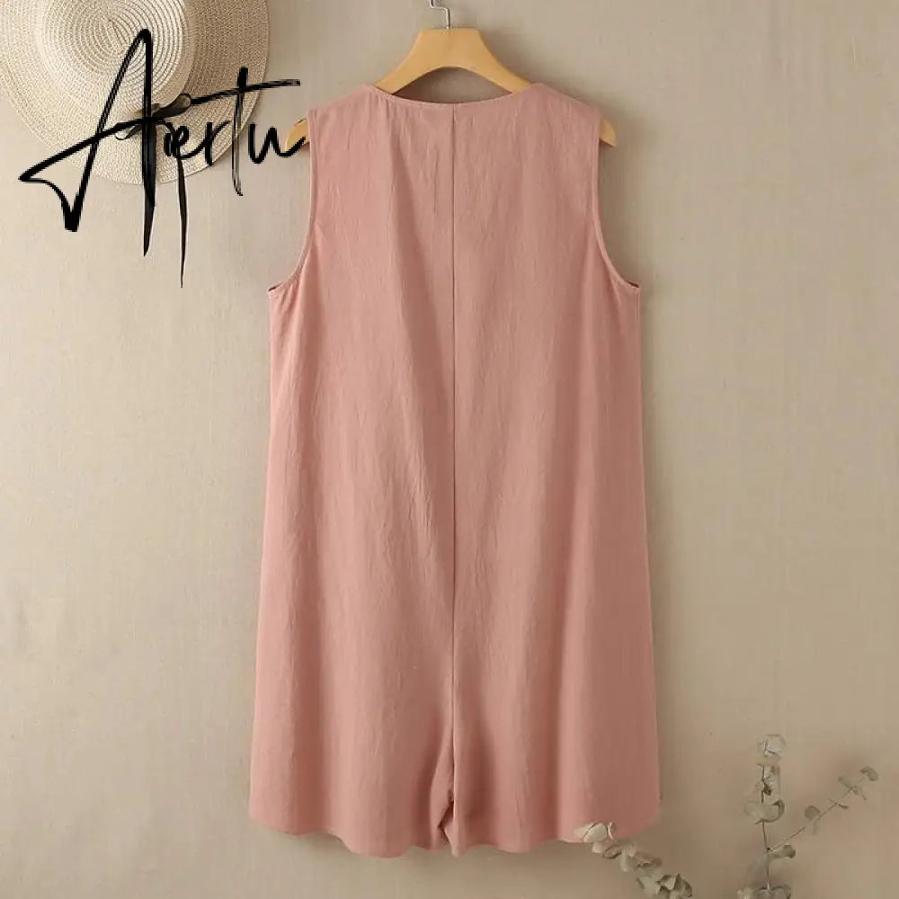 Aiertu  Stylish Women V Neck Sleeveless Rompers Summer Jumpsuits Short Playsuits Casual Solid Loose Beach Overalls Oversized Aiertu