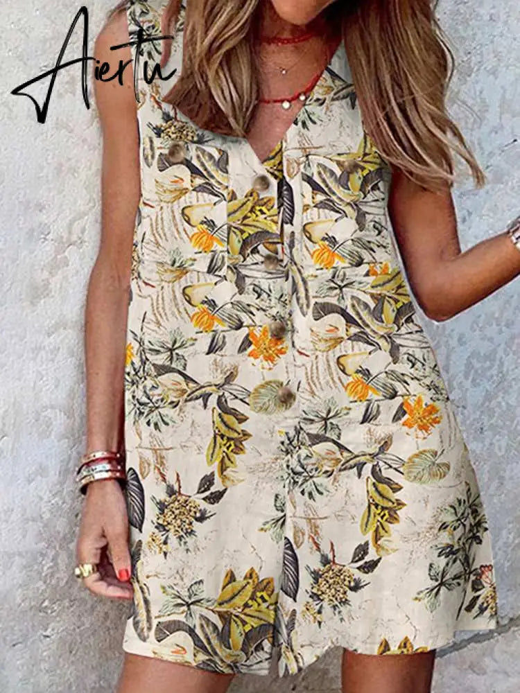 Aiertu  Stylish Women V Neck Sleeveless Rompers Summer Jumpsuits Short Playsuits Casual Solid Loose Beach Overalls Oversized Aiertu