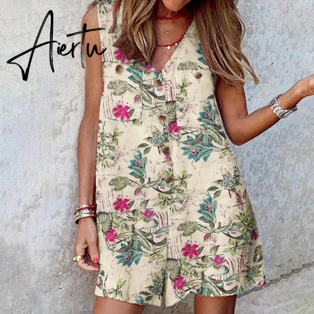 Aiertu  Stylish Women V Neck Sleeveless Rompers Summer Jumpsuits Short Playsuits Casual Solid Loose Beach Overalls Oversized Aiertu
