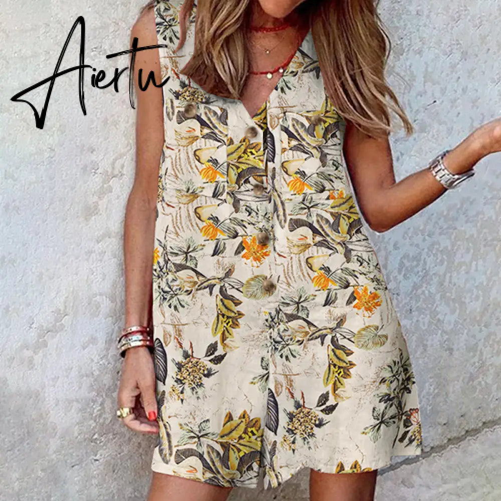 Aiertu  Stylish Women V Neck Sleeveless Rompers Summer Jumpsuits Short Playsuits Casual Solid Loose Beach Overalls Oversized Aiertu