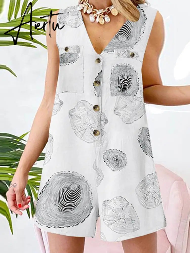 Aiertu  Stylish Women V Neck Sleeveless Rompers Summer Jumpsuits Short Playsuits Casual Solid Loose Beach Overalls Oversized Aiertu