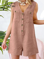 Aiertu  Stylish Women V Neck Sleeveless Rompers Summer Jumpsuits Short Playsuits Casual Solid Loose Beach Overalls Oversized Aiertu