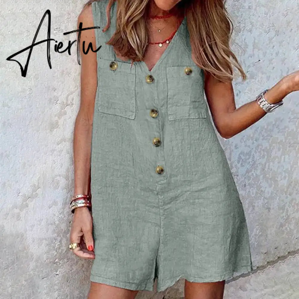 Aiertu  Stylish Women V Neck Sleeveless Rompers Summer Jumpsuits Short Playsuits Casual Solid Loose Beach Overalls Oversized Aiertu