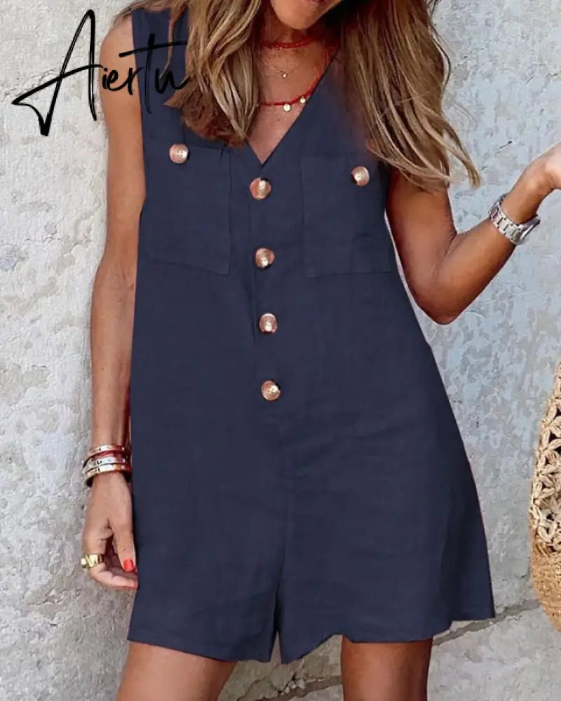 Aiertu  Stylish Women V Neck Sleeveless Rompers Summer Jumpsuits Short Playsuits Casual Solid Loose Beach Overalls Oversized Aiertu
