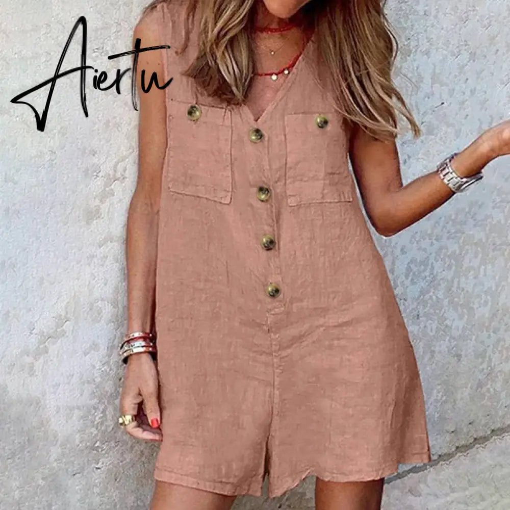 Aiertu  Stylish Women V Neck Sleeveless Rompers Summer Jumpsuits Short Playsuits Casual Solid Loose Beach Overalls Oversized Aiertu