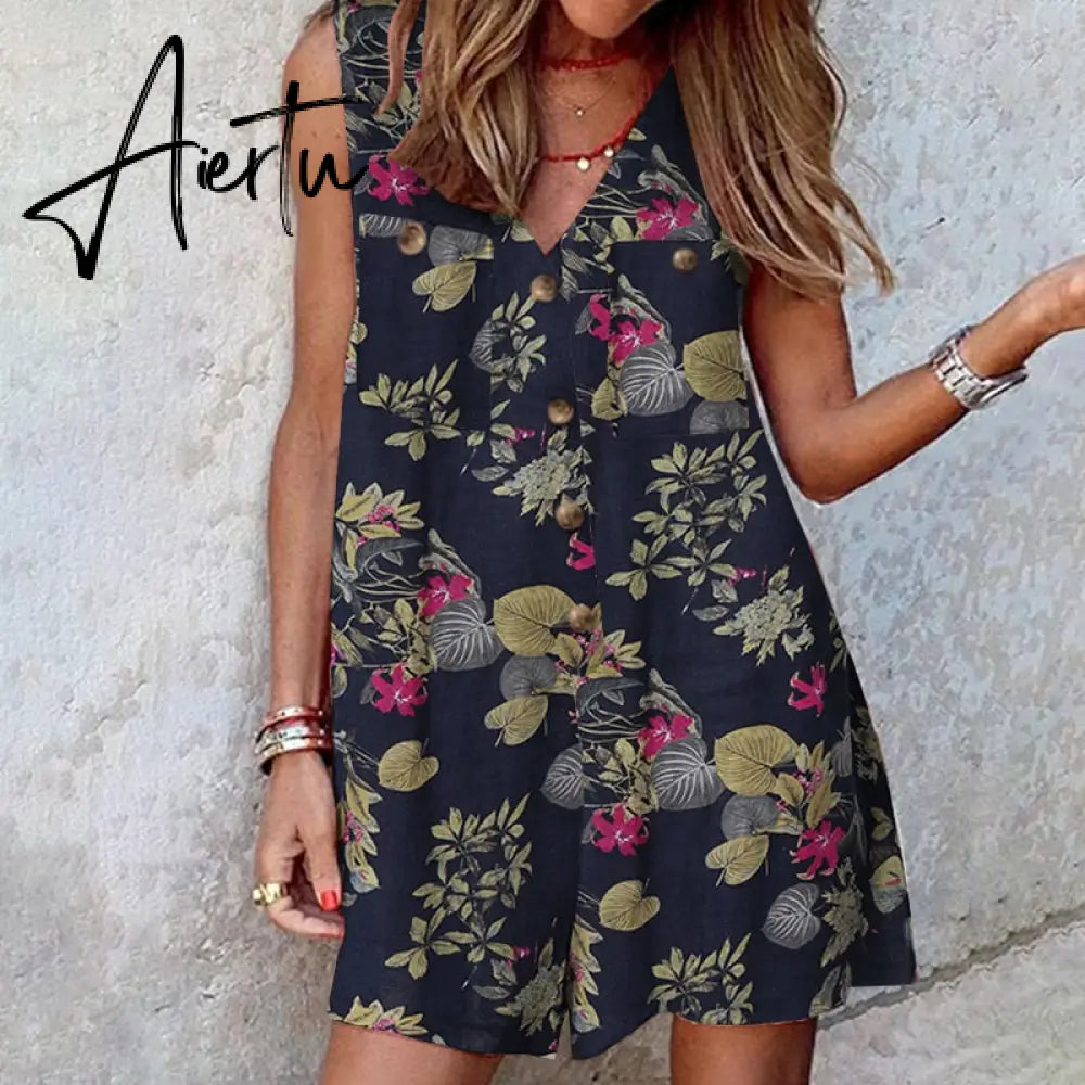 Aiertu  Stylish Women V Neck Sleeveless Rompers Summer Jumpsuits Short Playsuits Casual Solid Loose Beach Overalls Oversized Aiertu