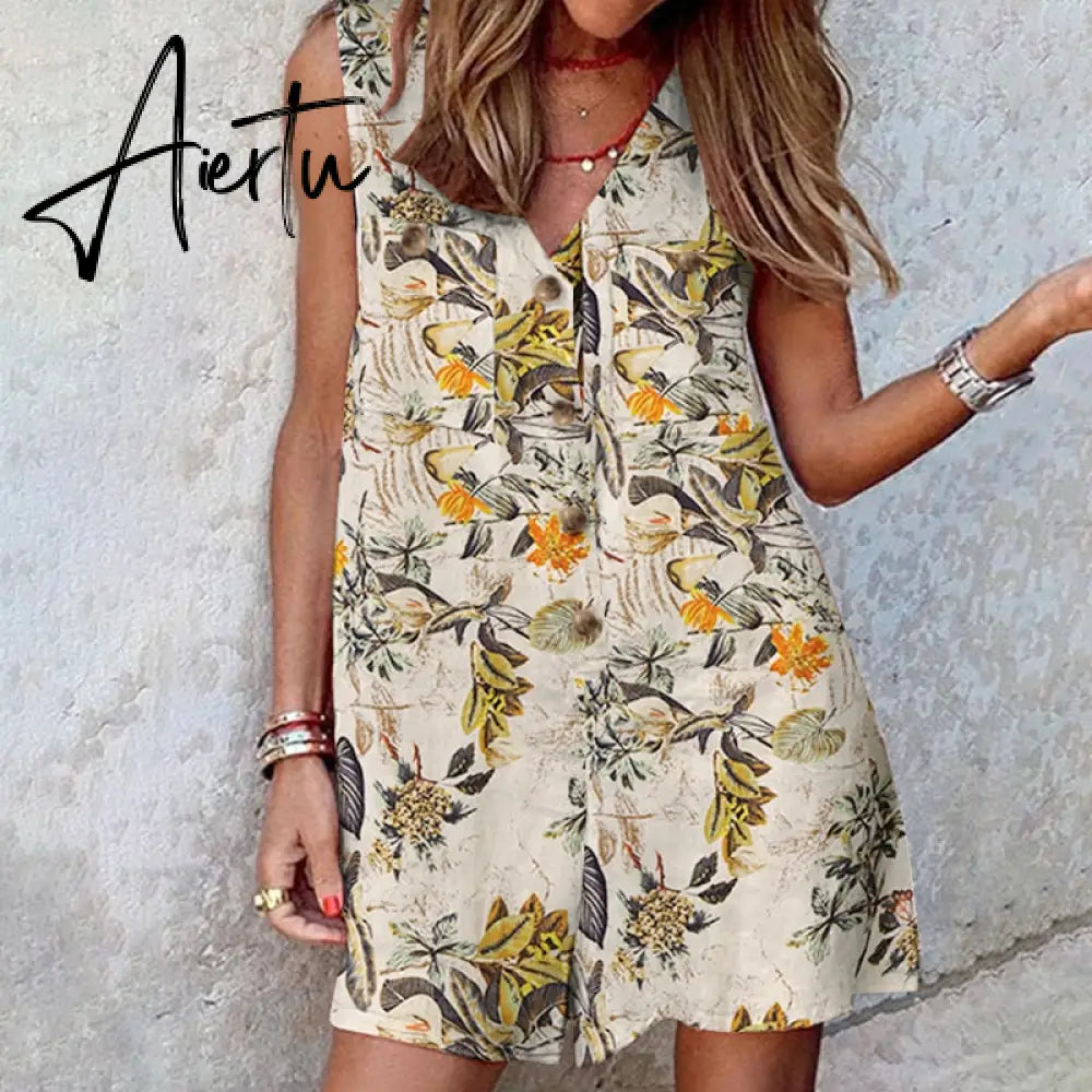 Aiertu  Stylish Women V Neck Sleeveless Rompers Summer Jumpsuits Short Playsuits Casual Solid Loose Beach Overalls Oversized Aiertu
