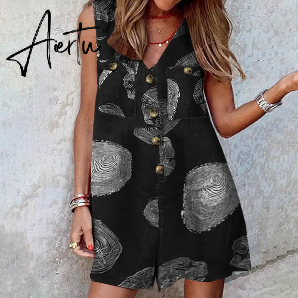 Aiertu  Stylish Women V Neck Sleeveless Rompers Summer Jumpsuits Short Playsuits Casual Solid Loose Beach Overalls Oversized Aiertu