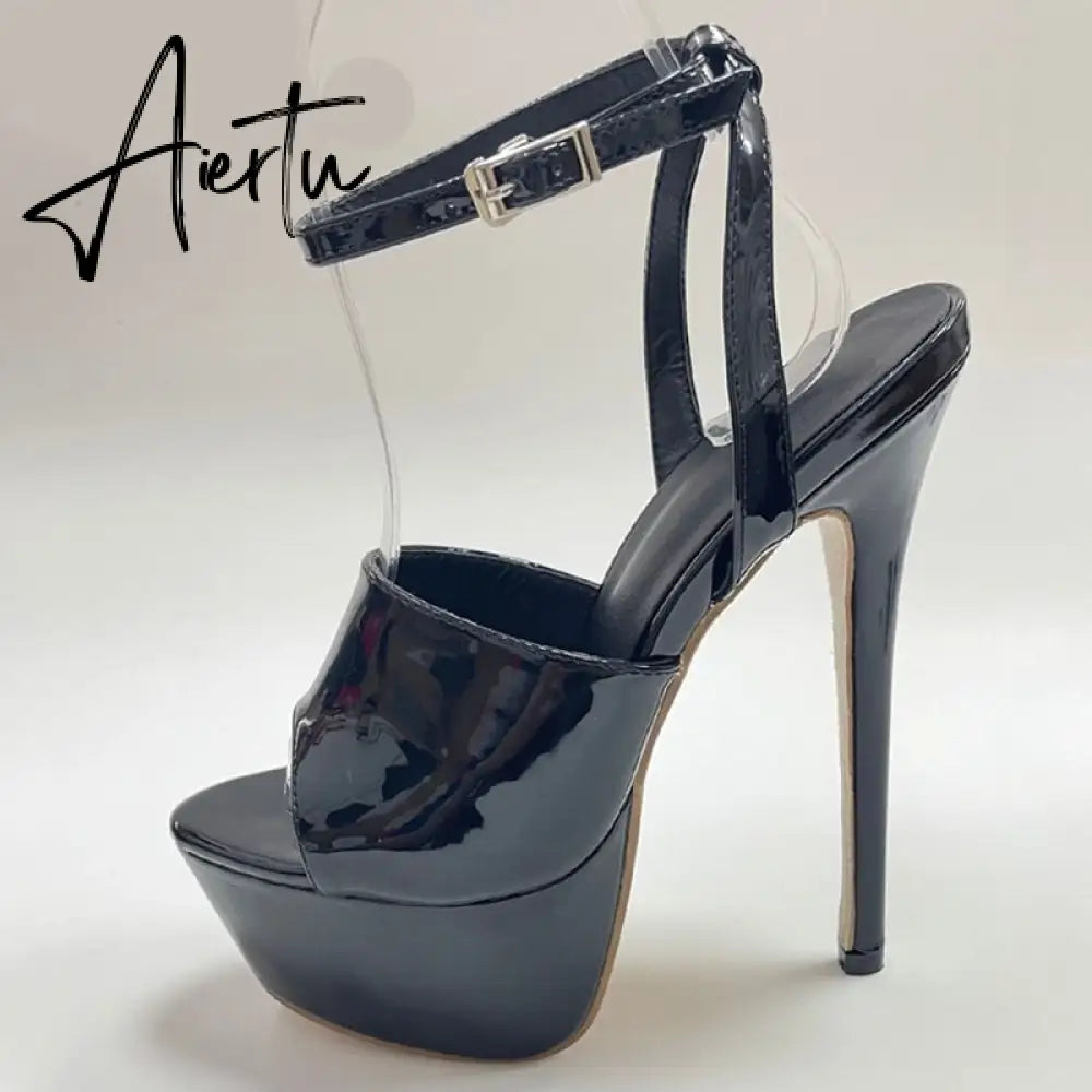 Aiertu Summer 16 CM Super High Heels Sandals Women Platform Pumps Fashion Open Toe Buckle Strap Ladies Party Stripper Shoes Black Aiertu