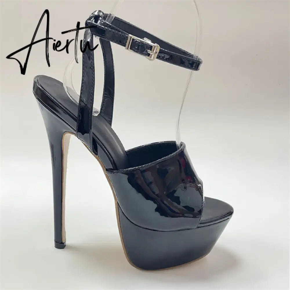 Aiertu Summer 16 CM Super High Heels Sandals Women Platform Pumps Fashion Open Toe Buckle Strap Ladies Party Stripper Shoes Black Aiertu