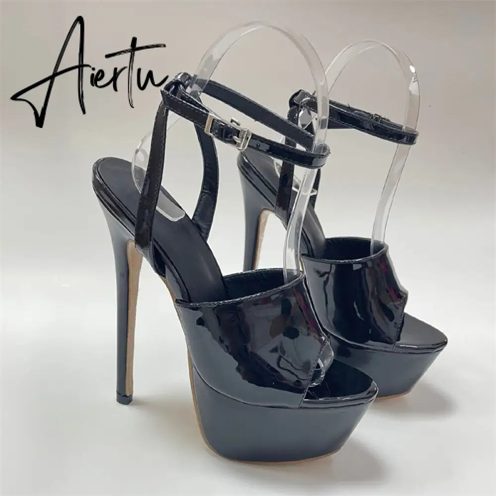 Aiertu Summer 16 CM Super High Heels Sandals Women Platform Pumps Fashion Open Toe Buckle Strap Ladies Party Stripper Shoes Black Aiertu