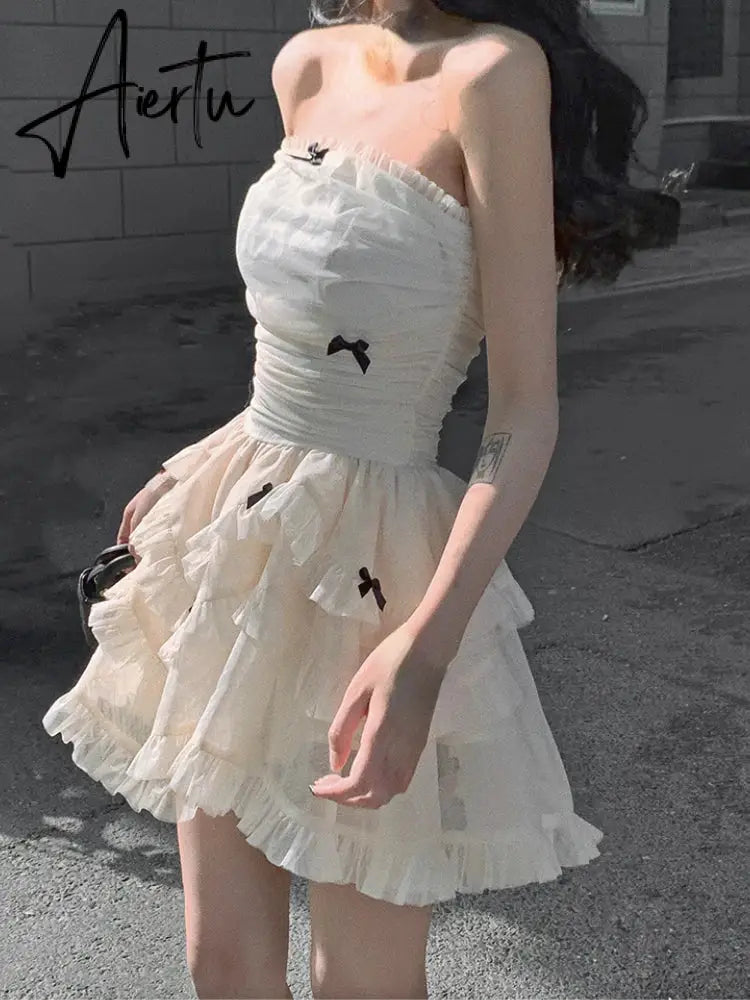 Aiertu Summer Apricot France Elegant Dress Women Bow Y2k Party Mini Dress Female Backless  Korean Fashion Designer Cake Dress New Aiertu