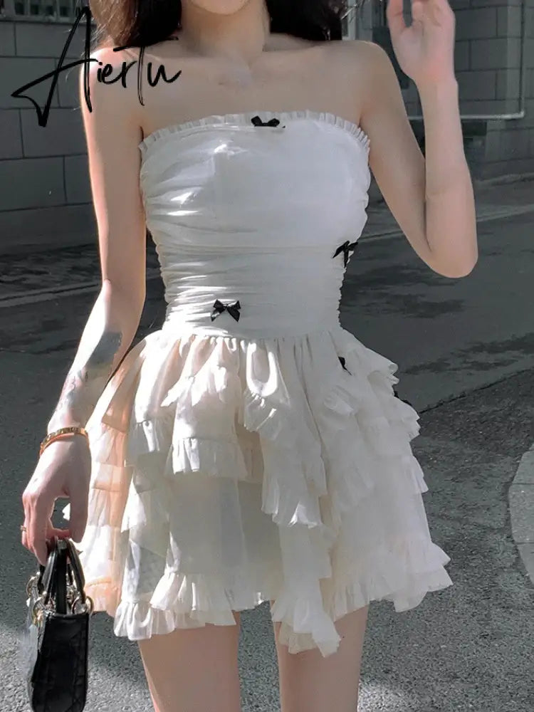 Aiertu Summer Apricot France Elegant Dress Women Bow Y2k Party Mini Dress Female Backless  Korean Fashion Designer Cake Dress New Aiertu