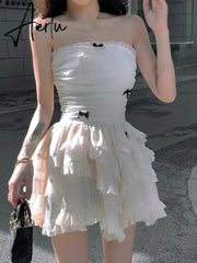 Aiertu Summer Apricot France Elegant Dress Women Bow Y2k Party Mini Dress Female Backless  Korean Fashion Designer Cake Dress New Aiertu