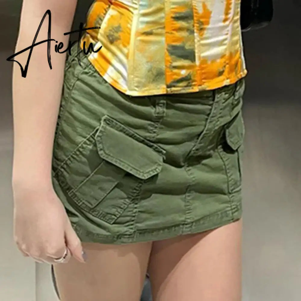 Aiertu Summer Apricot Women's Skirt Fashion Pockets Casual Sexy Slim Y2K Solid Color Street wear Elegant Mini Skirts Female Party wear Aiertu