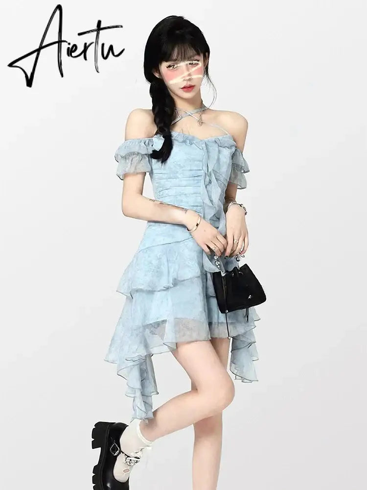 Aiertu Summer Beach Style Flroal Y2k Mini Dress Woman Chiffon Elegant Y2k Mini Dress Korean Fashion Short Party Dress Office Lady Aiertu