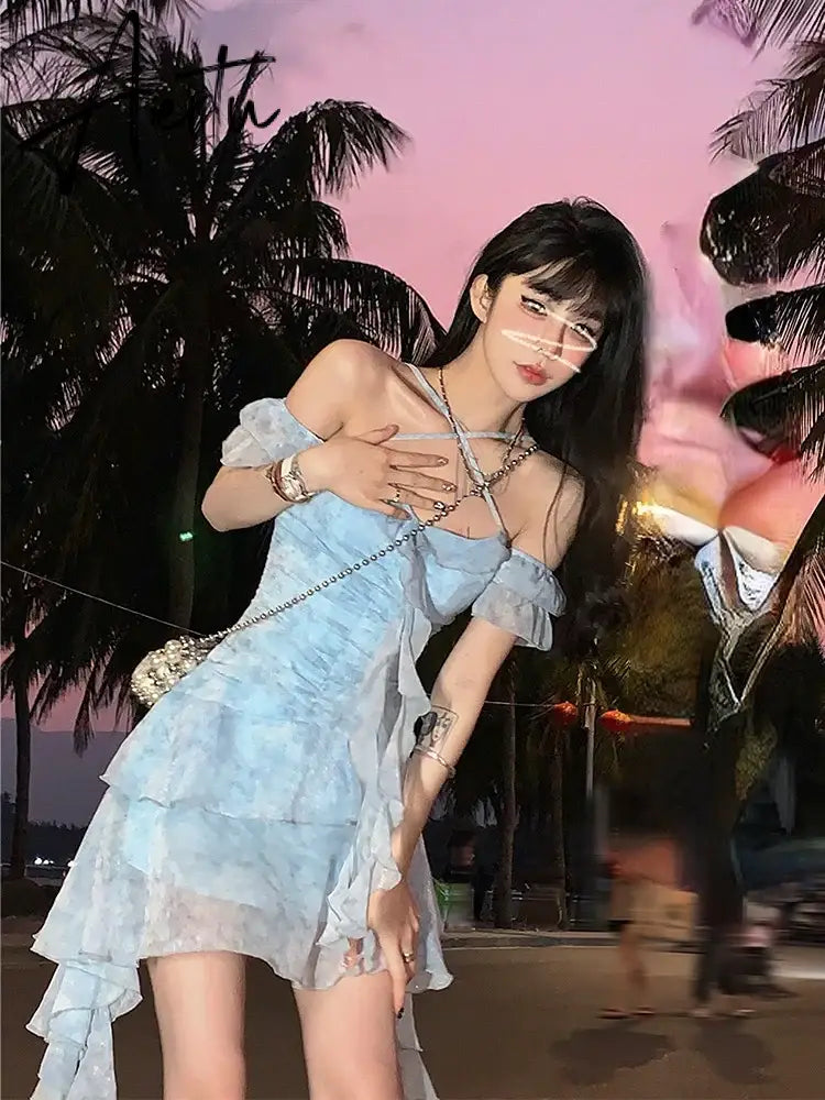 Aiertu Summer Beach Style Flroal Y2k Mini Dress Woman Chiffon Elegant Y2k Mini Dress Korean Fashion Short Party Dress Office Lady Aiertu