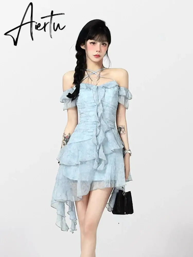 Aiertu Summer Beach Style Flroal Y2k Mini Dress Woman Chiffon Elegant Y2k Mini Dress Korean Fashion Short Party Dress Office Lady Aiertu