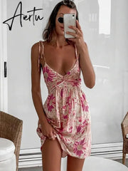 Aiertu Summer Bohemian Floral Dress Women Sleeveless Spaghetti Strap V Neck Mini Dress Beach Casual Sexy Dresses Female Aiertu