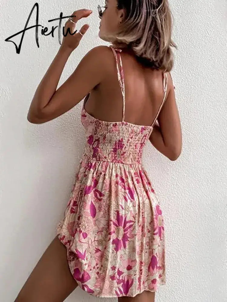 Aiertu Summer Bohemian Floral Dress Women Sleeveless Spaghetti Strap V Neck Mini Dress Beach Casual Sexy Dresses Female Aiertu