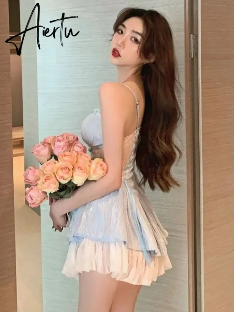 Aiertu Summer Bule Lace Y2k Kawaii Dress Women Korean Style Sexy Party Mini Dress Female Lace France Korean Fashion Elegant Dress Aiertu