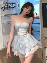 Aiertu Summer Bule Lace Y2k Kawaii Dress Women Korean Style Sexy Party Mini Dress Female Lace France Korean Fashion Elegant Dress Aiertu