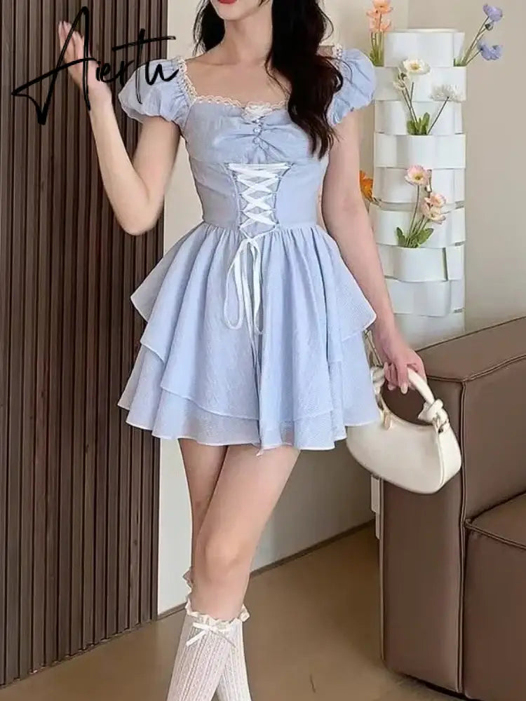 Aiertu Summer Bule Sweet Kawaii Dress Women Strappy Elegant Fashion Party Mini Dress Female Ruffle Flounce Korean Casual Dress New Aiertu