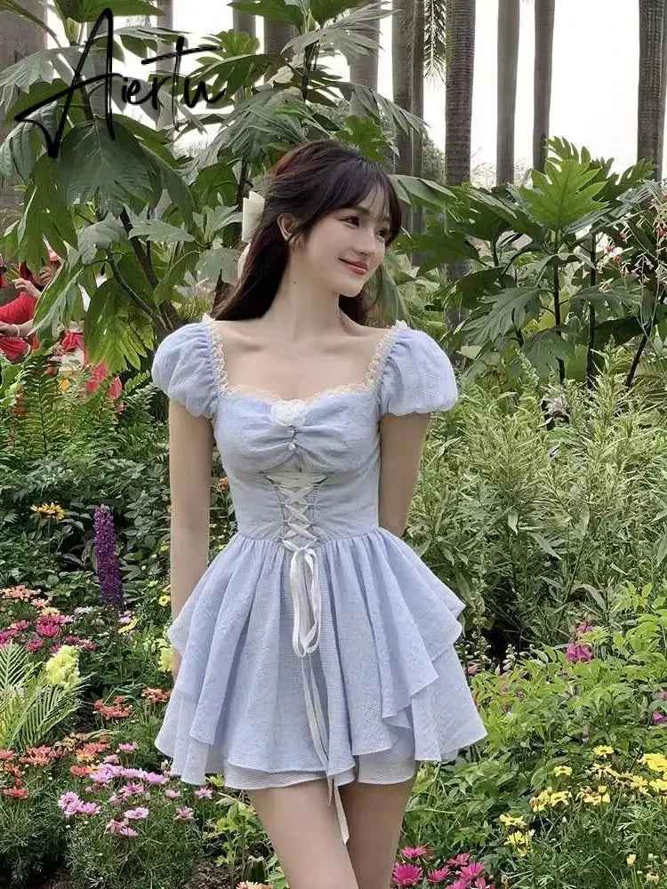 Aiertu Summer Bule Sweet Kawaii Dress Women Strappy Elegant Fashion Party Mini Dress Female Ruffle Flounce Korean Casual Dress New Aiertu